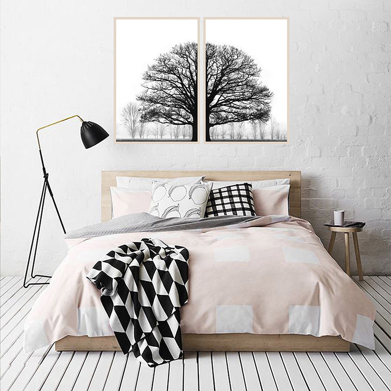 Winter Tree Diptych Canvas Print – Black & White Misty Forest Wall Art, alternate angle, for a serene modern home