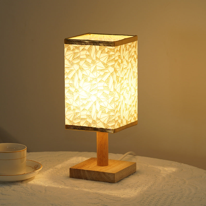 Rechargeable Bamboo Wood Bedside Lamp – Patterned Fabric Shade Night Light, night lights, in a styled setting, in soft