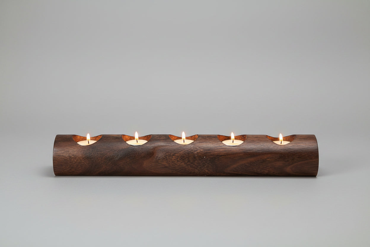 Carved Wood Log Tea Light Holder | Japandi Solid Wood Candle Holder, candle holders, detail view, embracing wabi-sabi