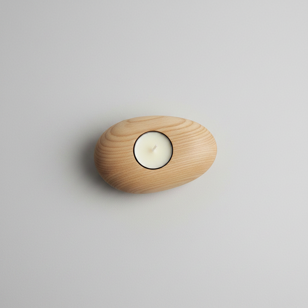Pebble Wood Tea Light Holder | Japandi Hand-Carved Solid Wood Candle Holder, candle holders, detail view, embracing