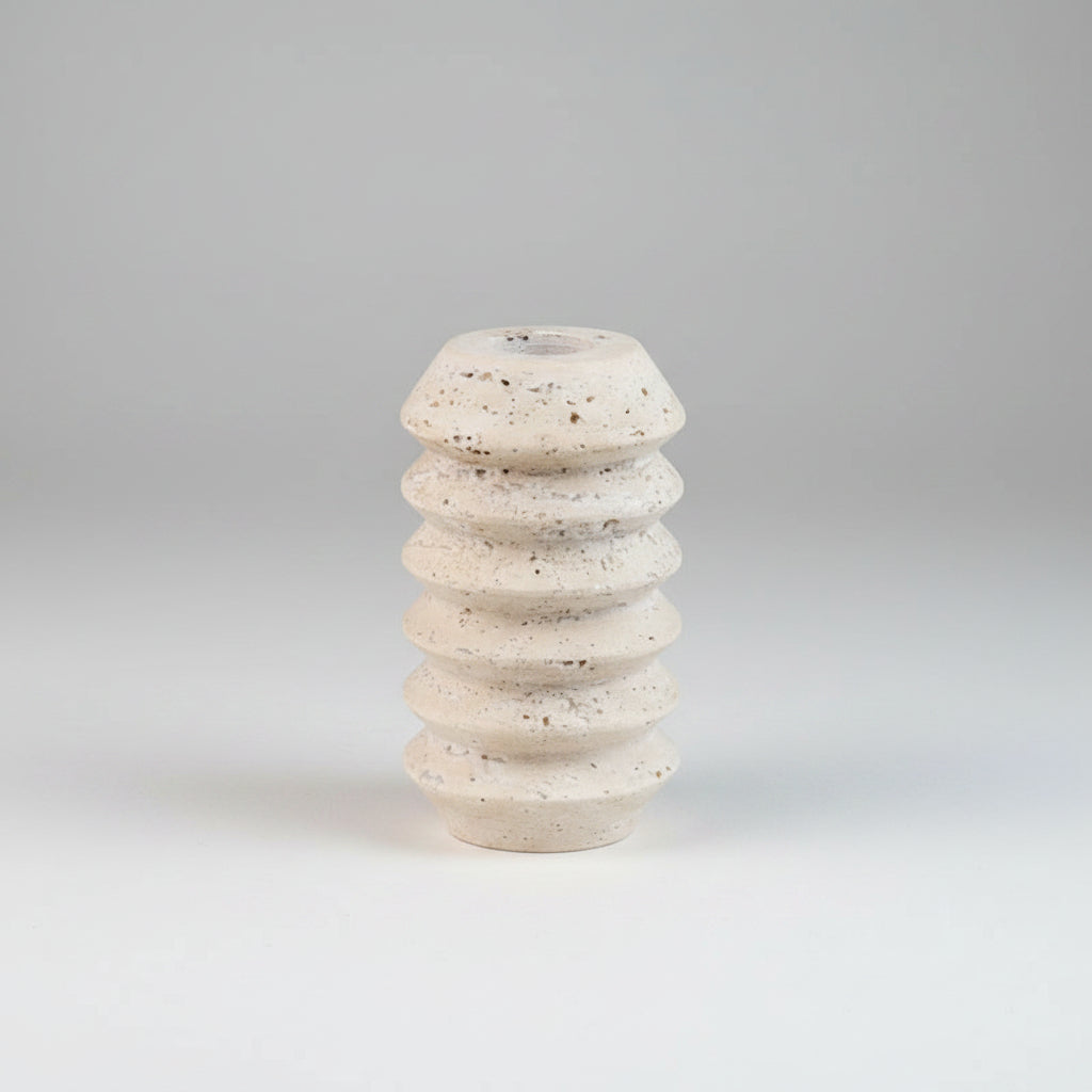 Ridged Travertine Taper Holder | Japandi Threaded Stone Candle Holder, candle holders, lifestyle view, blending Scandinavian