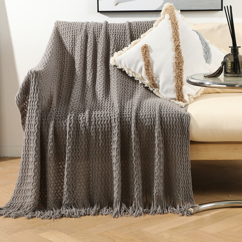 Waffle Knit Tassel Throw | Japandi Open-Weave Sofa Blanket, blankets & throws, detail view, embracing wabi-sabi natural
