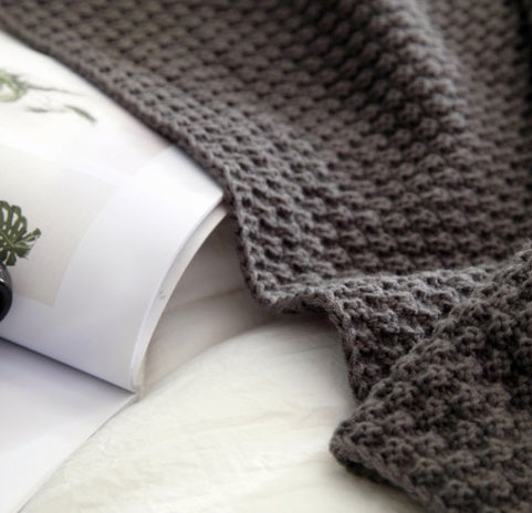 Pom-Pom Corner Knit Throw | Japandi Diamond Weave Sofa Blanket, blankets & throws, close-up detail, crafted in a warm