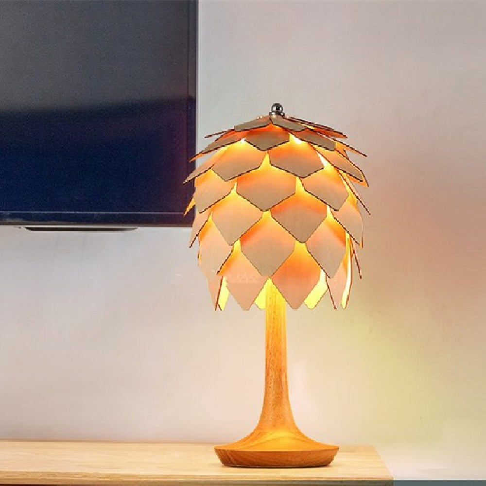Pine Cone Table Lamp – Sculptural Wooden Ambient Light, night lights, detail view, embracing wabi-sabi natural imperfection