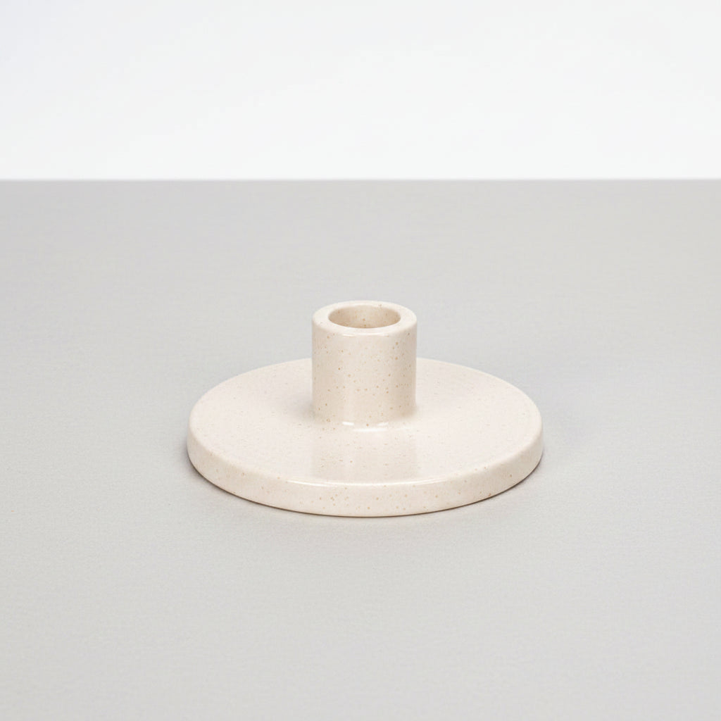 Raw Ceramic Taper Holder | Japandi Chamberstick & Disc Candle Holder, candle holders, front view, with calming Nordic