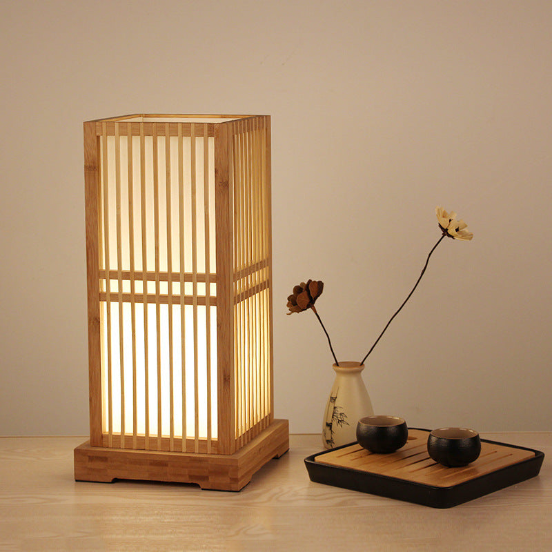 Handmade Bamboo Japanese Table Lamp – Artisan Bedside Light, night lights, front view, with calming Nordic simplicity