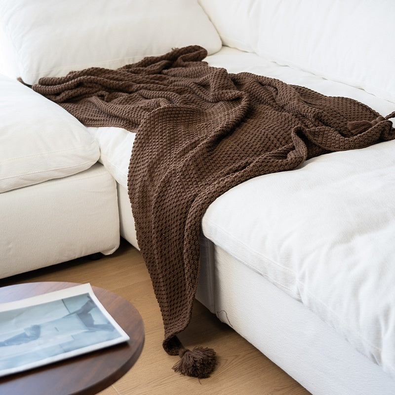 Multi-Pattern Knit Throw Blanket | Japandi Tassel Sofa Blanket, blankets & throws, close-up detail, crafted in a warm