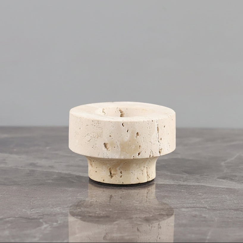 Travertine Stone Candle Holder | Japandi Natural Limestone Pillar Holder, candle holders, close-up detail, crafted in a warm