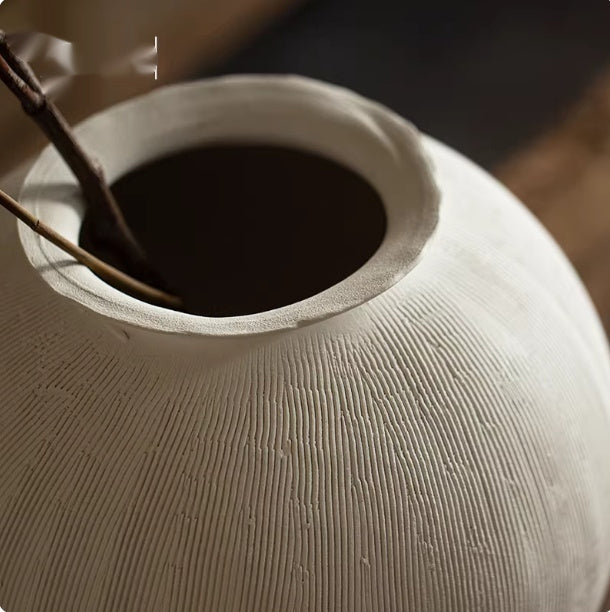Ribbed Ball Vase | Japandi Sphere Ceramic, vases & vessels, in a styled setting, in soft neutral organic tones
