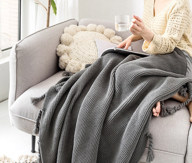 Ribbed Tassel Knit Throw | Japandi Nordic Sofa Blanket, blankets & throws, in a styled setting, in soft neutral organic tones