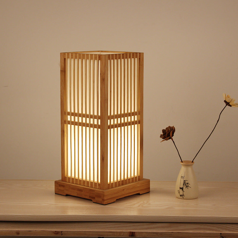 Handmade Bamboo Japanese Table Lamp – Artisan Bedside Light, night lights, in a styled setting, in soft neutral organic tones
