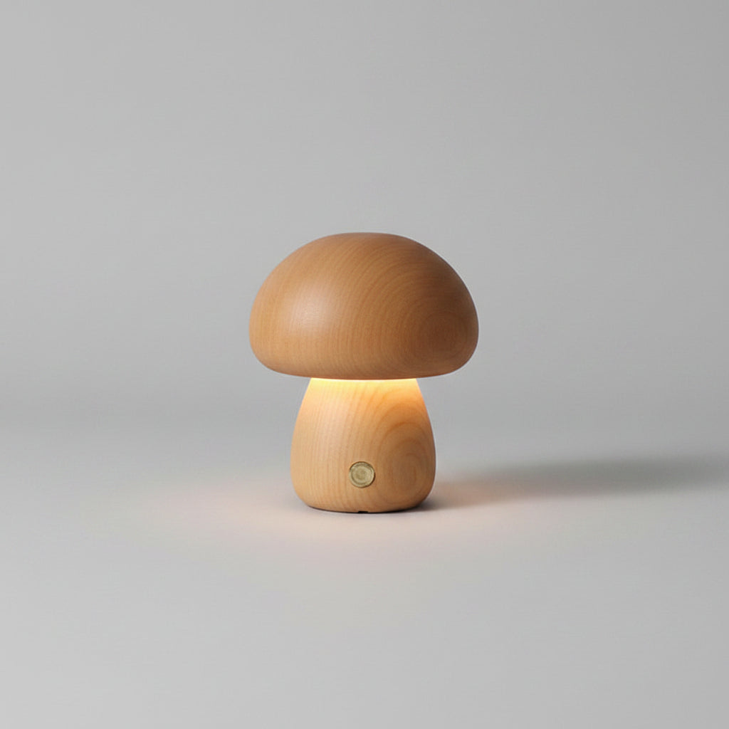 Wooden Mushroom LED Night Light with Touch Switch, night lights, in a styled setting, in soft neutral organic tones
