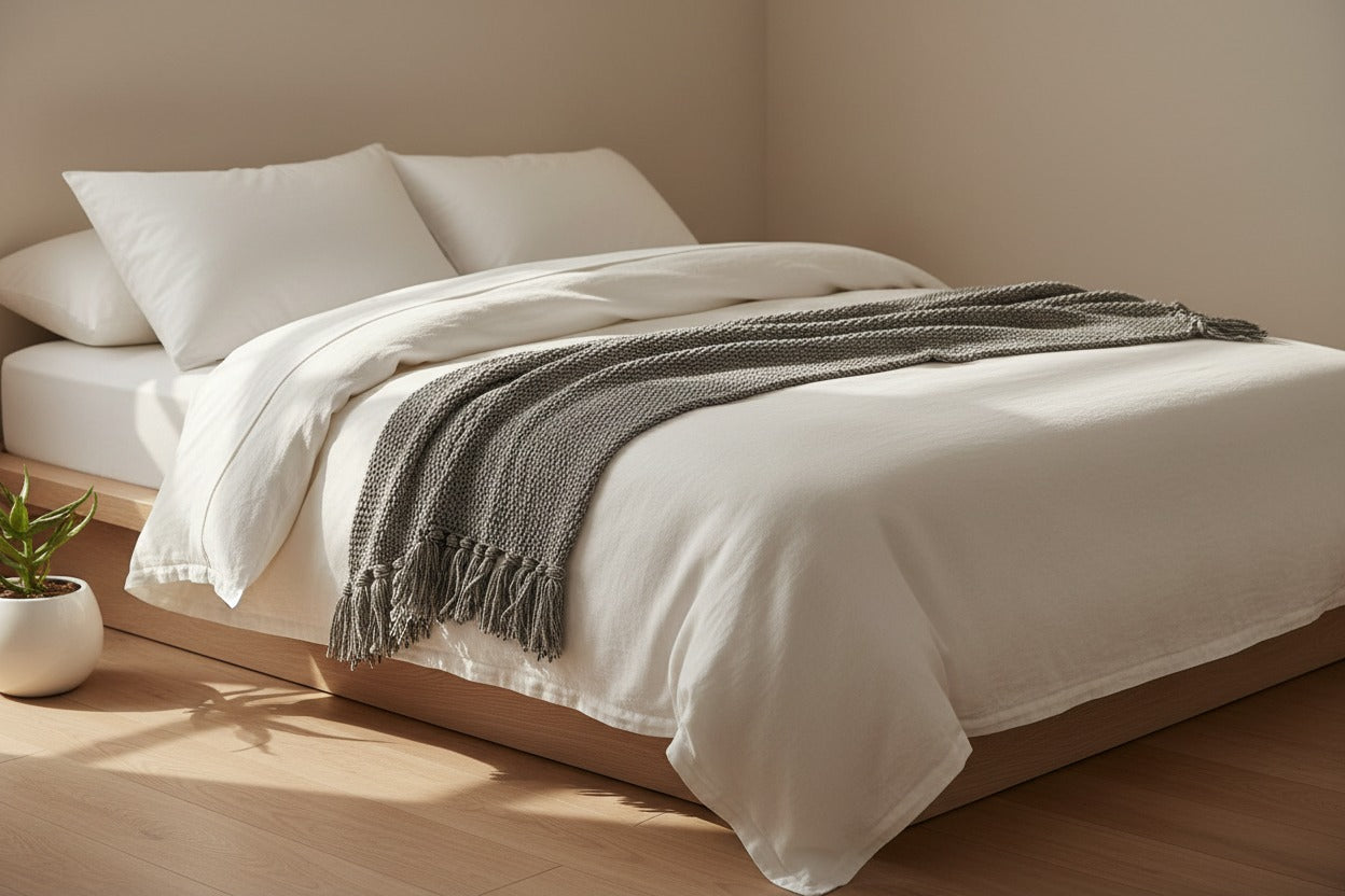Japandi bedding sets in washed cotton, lyocell, bamboo, linen and Tencel. Duvet cover sets in soft neutral tones — solid colours, houndstooth and reversible designs for a calm, considered bedroom.
