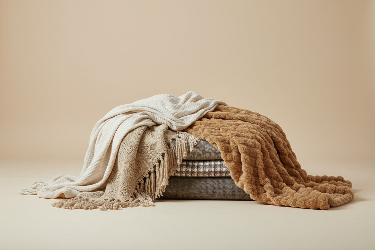 Chunky knit throws, waffle weaves, cable knit chenille and plush bubble blankets in cotton, linen and wool. Japandi and Nordic sofa throws and bed blankets in neutral tones, from lightweight muslin to cosy tassel-edged knits.