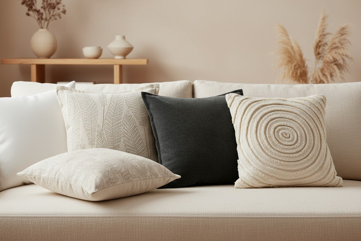 Tufted, knit, velvet and embroidered cushion covers in cotton, chenille and linen — Japandi and Nordic styles for sofas, chairs and beds. Neutral tones, tactile textures. Some covers sold separately; others include an insert. Check product details.