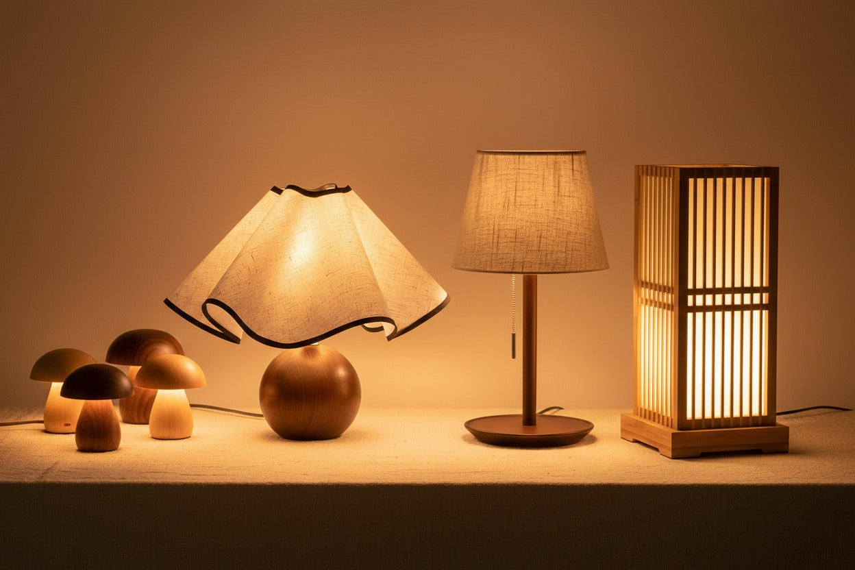 Wooden table lamps, bamboo bedside lights, and sculptural LED night lights — all designed to bring warm, ambient light to bedrooms, living rooms, and desk spaces. Crafted from solid wood, walnut, and natural linen in Japandi and Scandinavian styles.