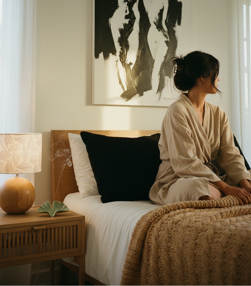 A woman in a beige robe sits on a bed in a softly lit bedroom, looking toward a large black-and-white abstract wall art piece above the headboard.