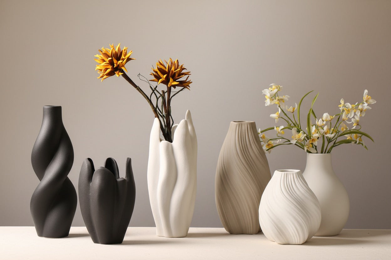 Minimal ceramic and glass vases that do the quiet work of making a space feel considered. Curated for Japandi and Nordic interiors — clean silhouettes, matte finishes, and neutral tones that complement any shelf, table, or corner.