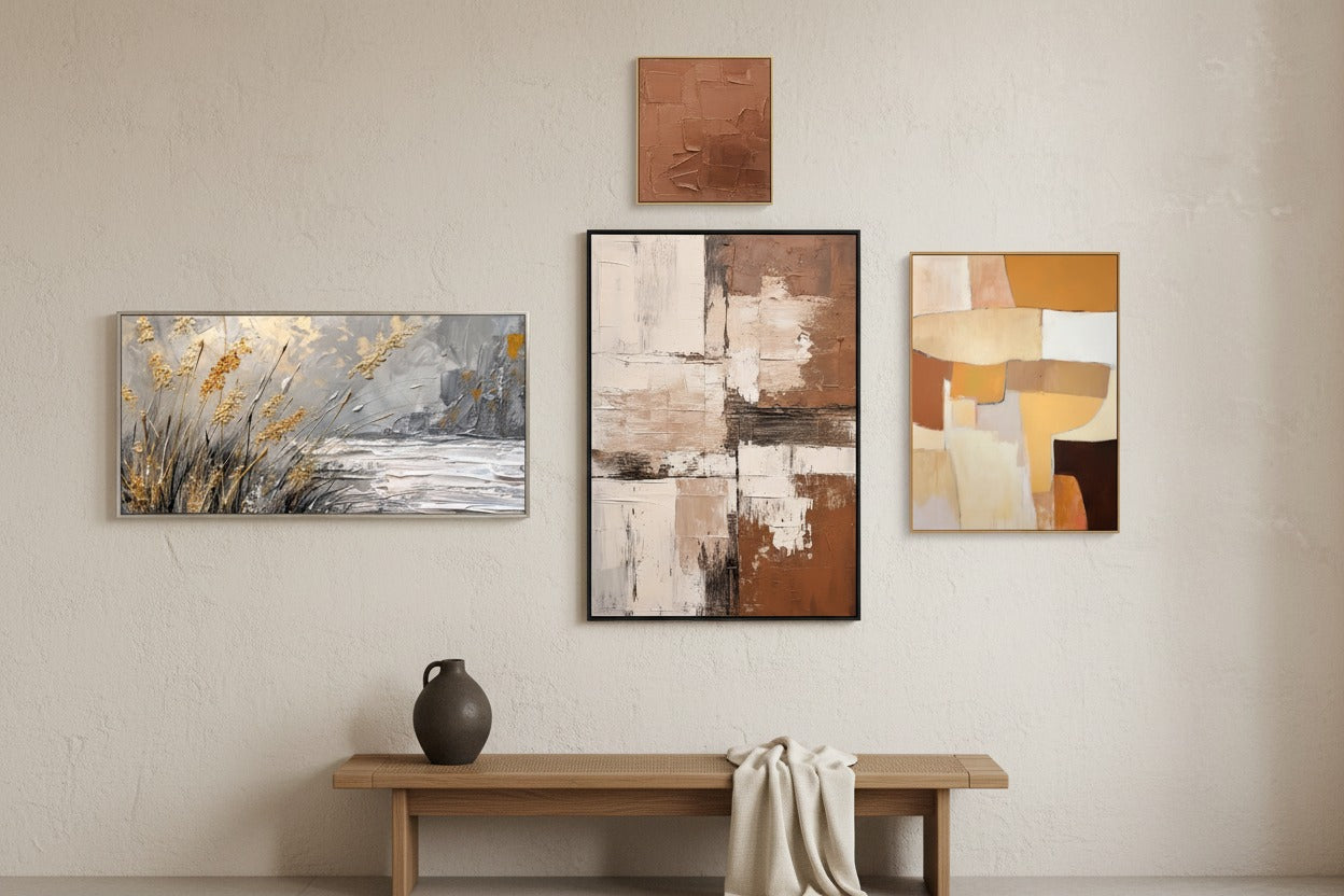 Minimalist prints, abstract canvases, and nature-inspired artwork in the warm neutral tones and organic forms that define the Japandi aesthetic.
