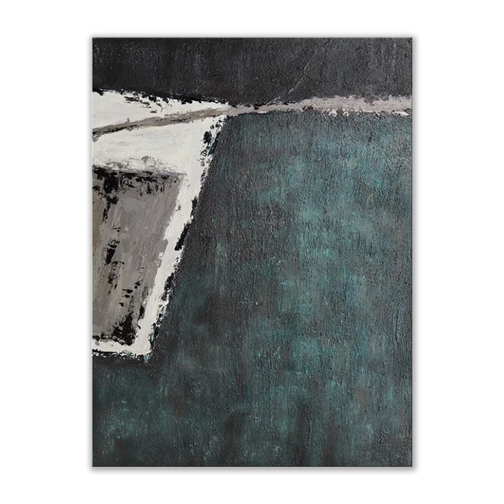 Deep Teal Abstract Impasto Oil Painting – Moody Green Wabi-Sabi Vertical Canvas, wall art, close-up detail, crafted in a