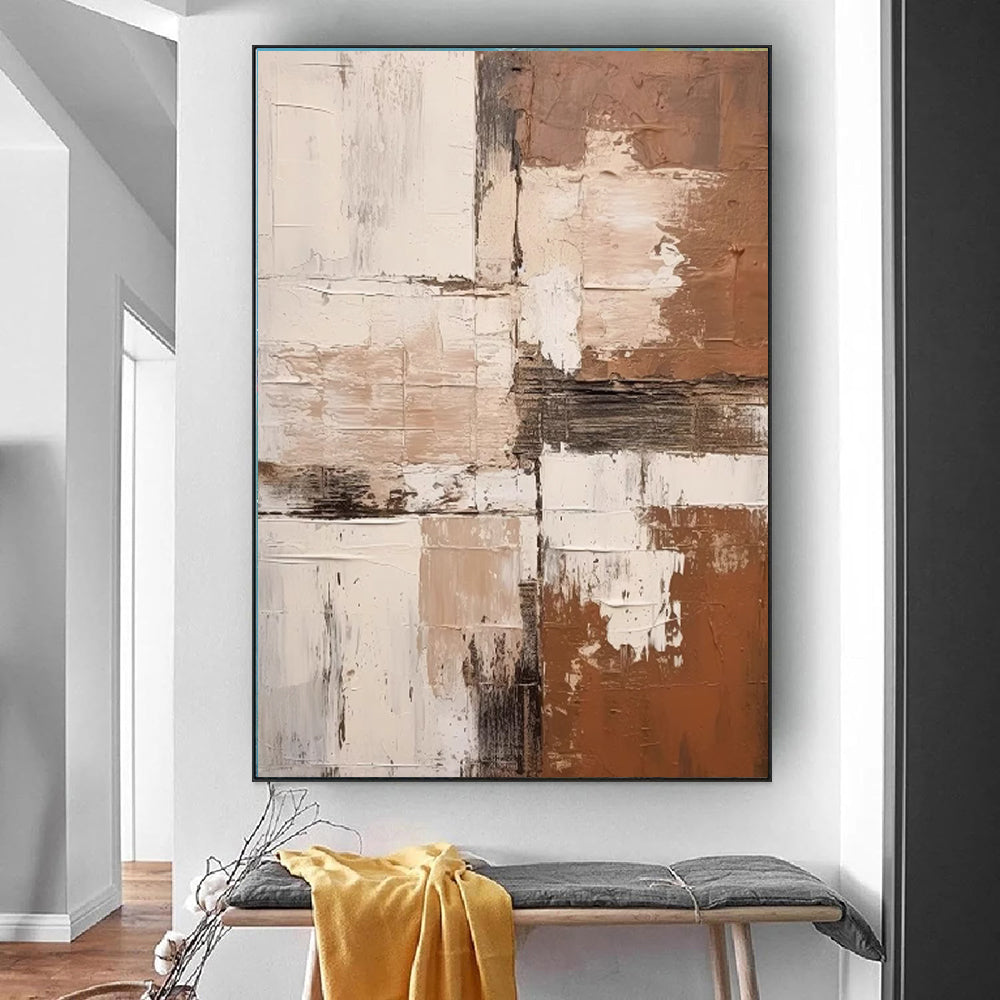 Large Vertical Abstract Impasto Oil Painting – Wabi-Sabi Terracotta & Cream Canvas, wall art, detail view, embracing