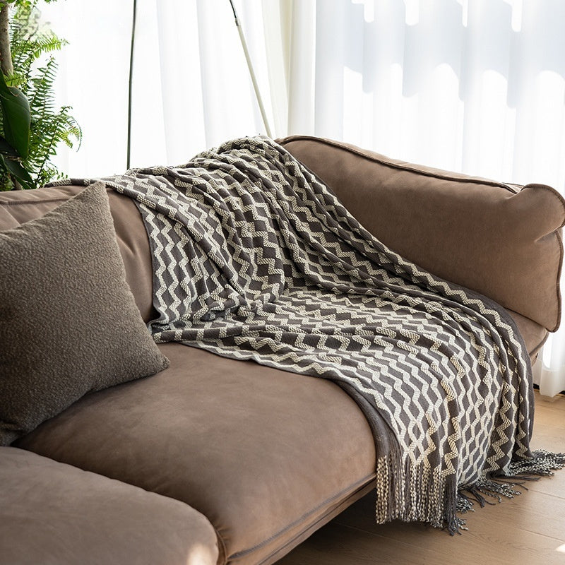 Multi-Pattern Knit Throw Blanket | Japandi Tassel Sofa Blanket, blankets & throws, front view, with calming Nordic simplicity
