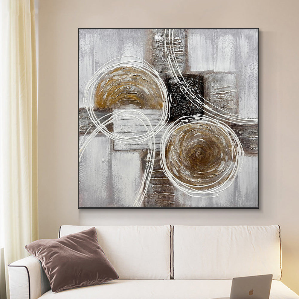 Gold Orbital Abstract Impasto Oil Painting – Bronze, Grey & Black Textured Square Canvas, wall art, detail view, embracing