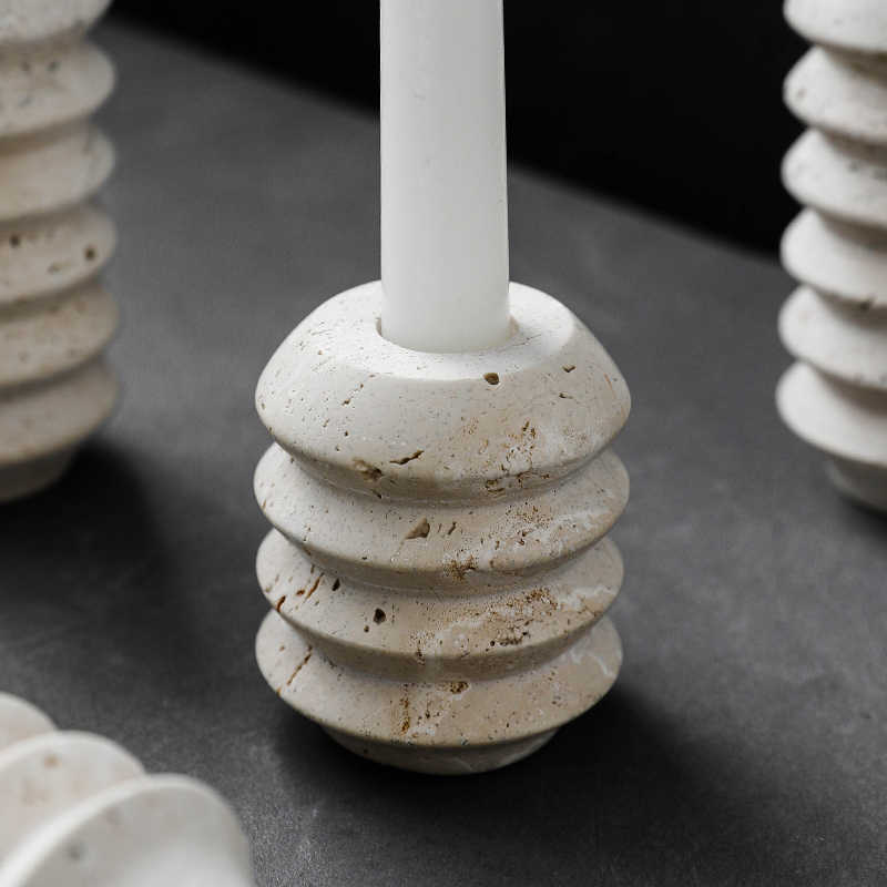 Ridged Travertine Taper Holder | Japandi Threaded Stone Candle Holder, candle holders, in a styled setting, in soft neutral