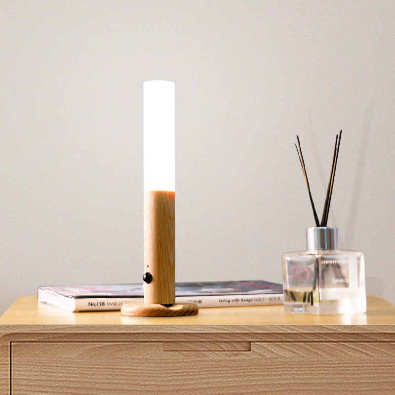 Motion Sensor LED Night Light – Wooden Wireless Lamp, night lights, close-up detail, crafted in a warm Japandi minimalist