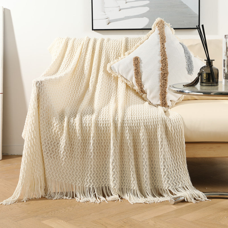 Waffle Knit Tassel Throw | Japandi Open-Weave Sofa Blanket, blankets & throws, front view, with calming Nordic simplicity