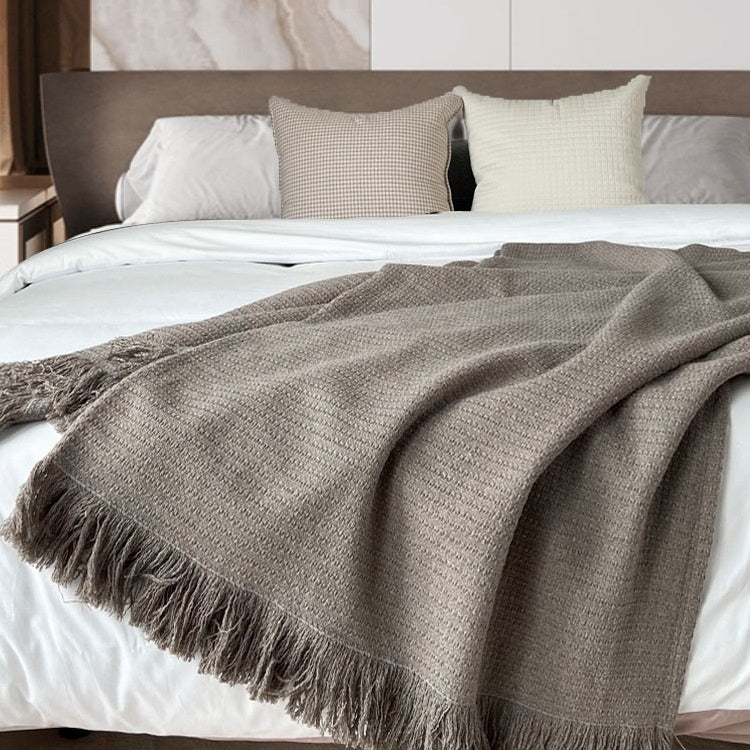 Wabi-Sabi Woven Throw & Bed Runner | Japandi Geometric Sofa Blanket, blankets & throws, lifestyle view, blending
