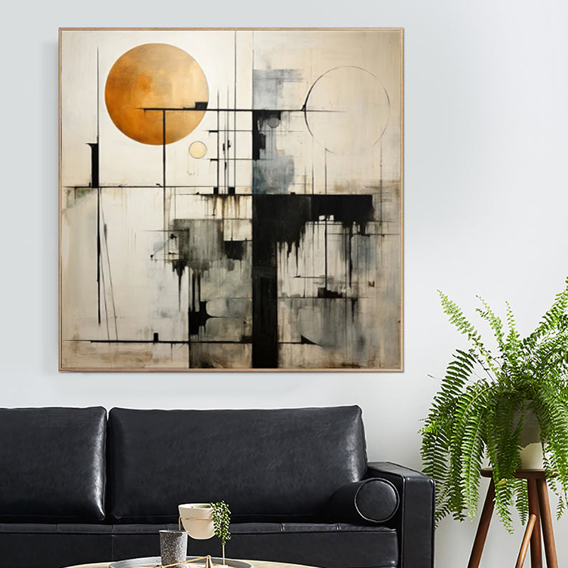 Bauhaus Geometric Abstract Oil Painting – Black, White & Gold Square Canvas, wall art, lifestyle view, blending Scandinavian