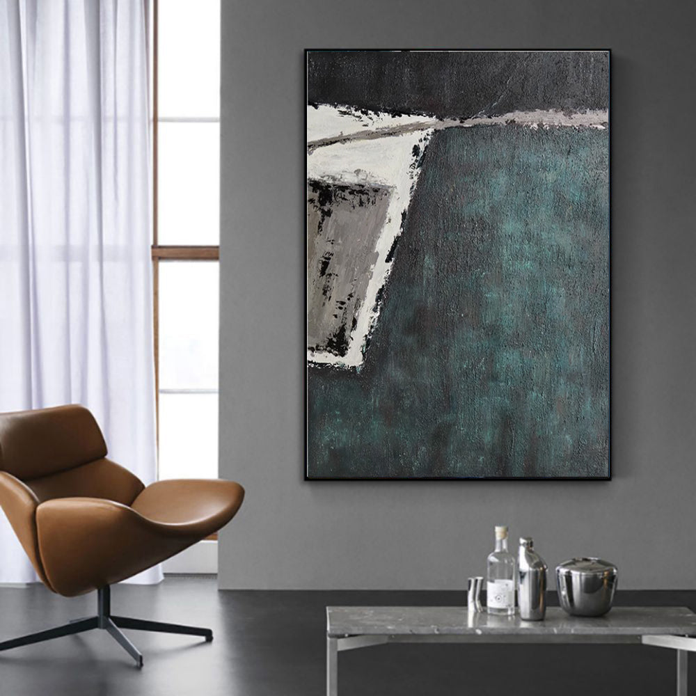 Deep Teal Abstract Impasto Oil Painting – Moody Green Wabi-Sabi Vertical Canvas, wall art, in a styled setting, in soft