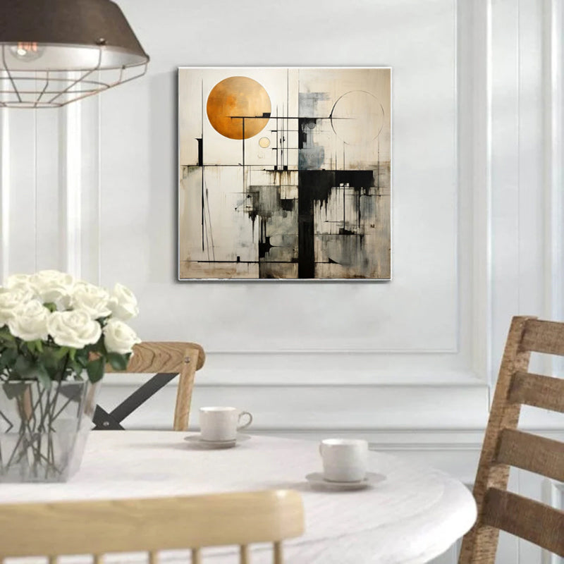 Bauhaus Geometric Abstract Oil Painting – Black, White & Gold Square Canvas, wall art, front view, with calming Nordic