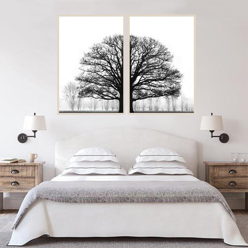 Winter Tree Diptych Canvas Print – Black & White Misty Forest Wall Art, front view, with calming Nordic simplicity