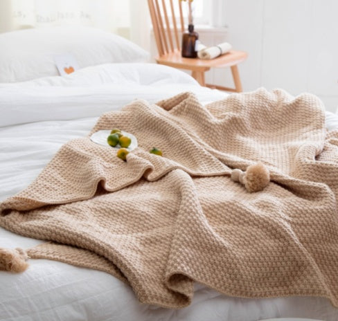 Pom-Pom Corner Knit Throw | Japandi Diamond Weave Sofa Blanket, blankets & throws, front view, with calming Nordic simplicity
