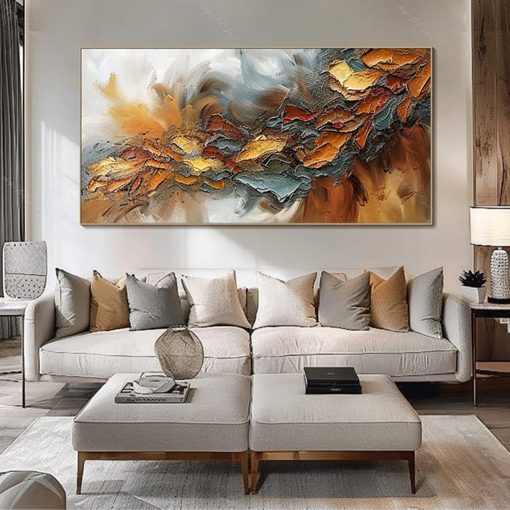Autumn Storm Palette Knife Oil Painting – Amber, Gold & Teal Horizontal Textured Canvas, wall art, front view, with calming