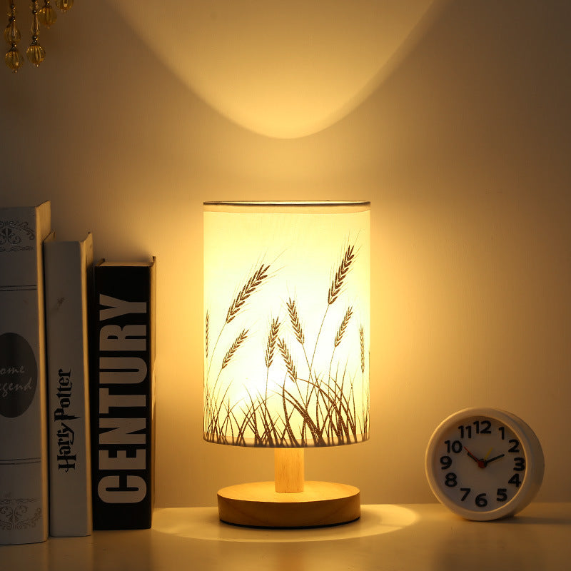 Rechargeable Bamboo Wood Bedside Lamp – Patterned Fabric Shade Night Light, night lights, alternate angle, for a serene