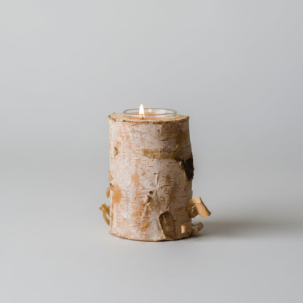Birch Bark Tea Light Holder | Japandi Natural Wood Log Candle Holder, candle holders, in a styled setting, in soft neutral