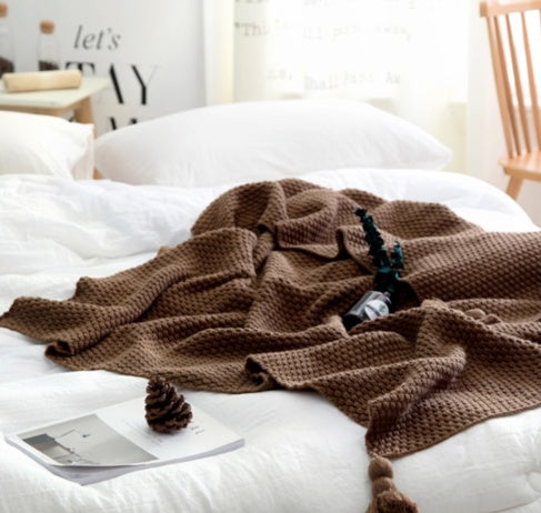 Pom-Pom Corner Knit Throw | Japandi Diamond Weave Sofa Blanket, blankets & throws, detail view, embracing wabi-sabi natural