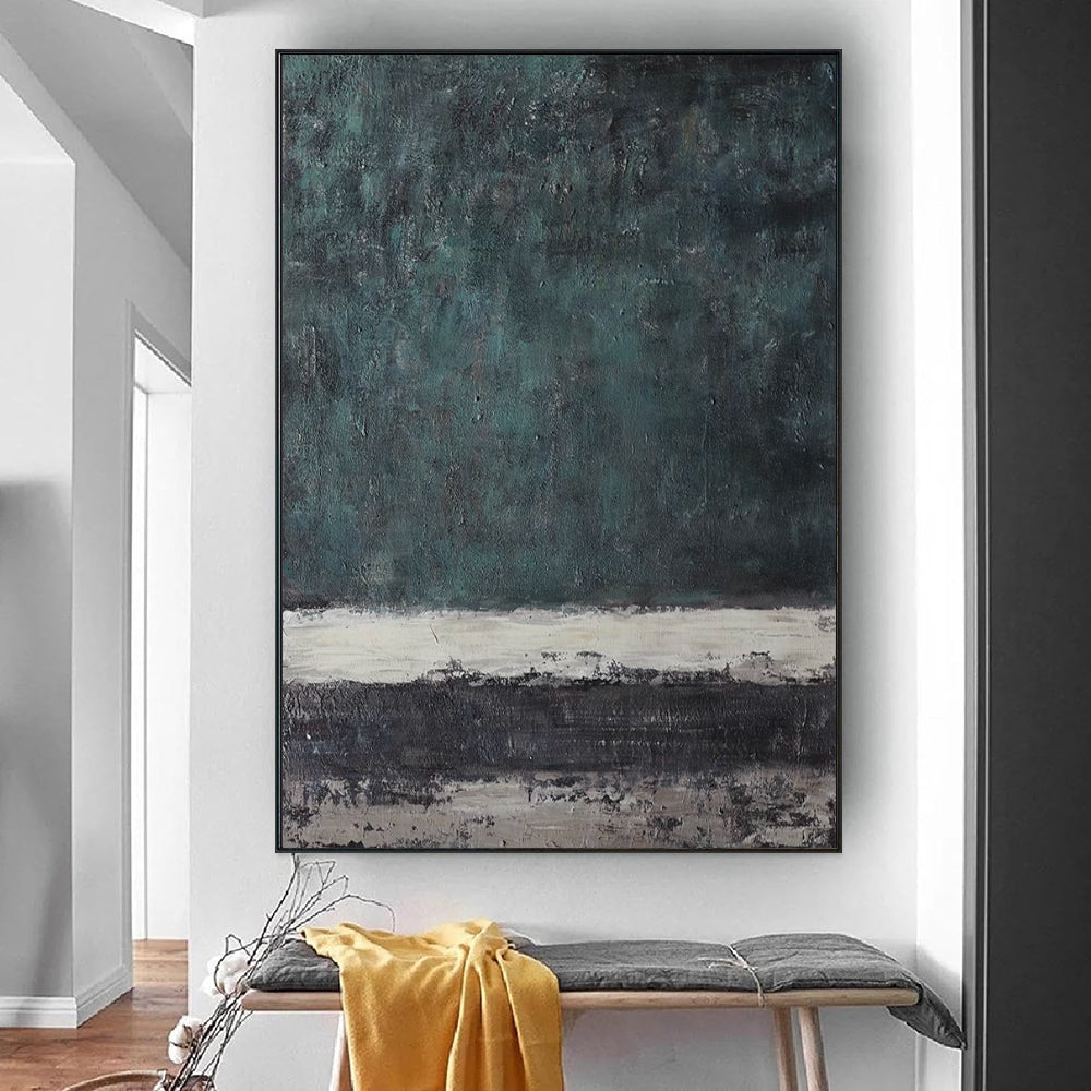 Deep Teal Abstract Impasto Oil Painting – Moody Green Wabi-Sabi Vertical Canvas, wall art, in a styled setting, in soft