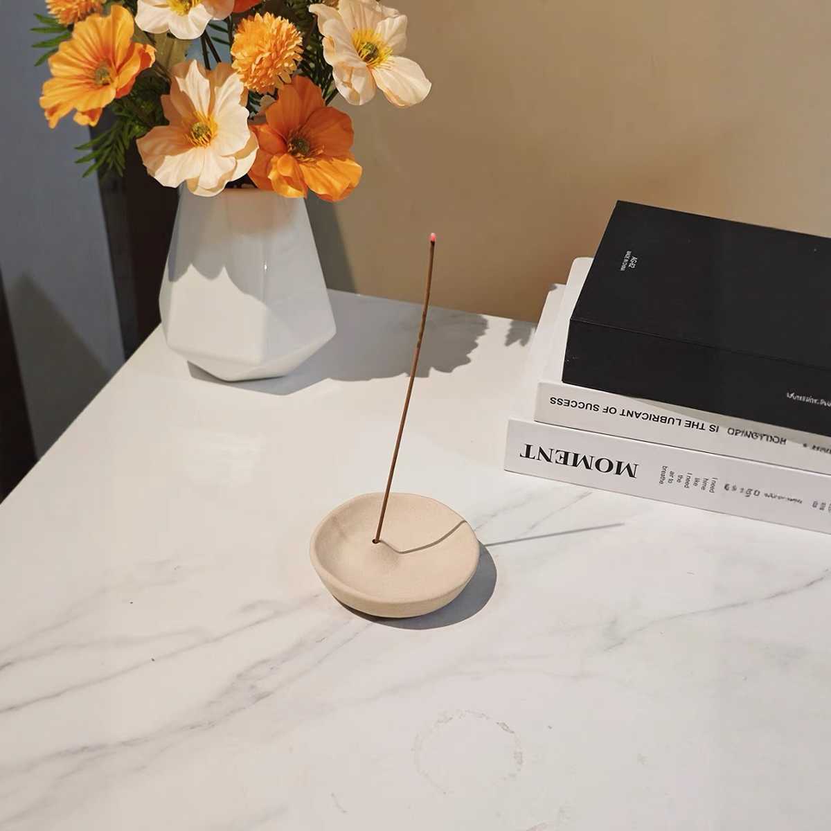 Round Ceramic Incense Bowl | Japandi Ritual Home Fragrance, incense burners, in a styled setting, in soft neutral organic