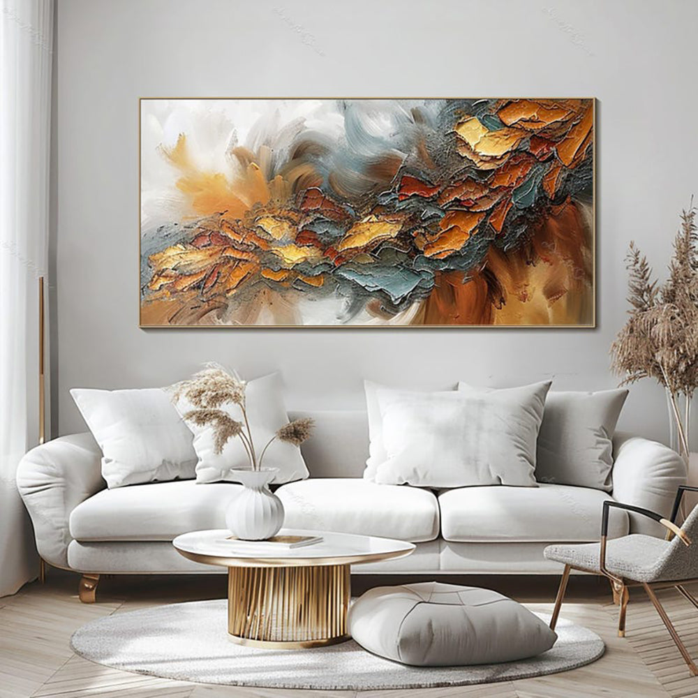 Autumn Storm Palette Knife Oil Painting – Amber, Gold & Teal Horizontal Textured Canvas, wall art, crafted in a warm Japandi