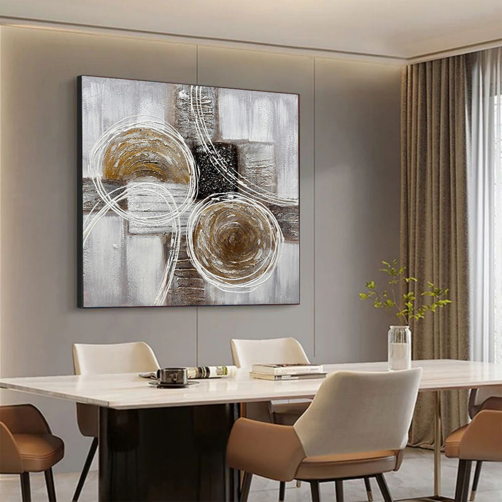 Gold Orbital Abstract Impasto Oil Painting – Bronze, Grey & Black Textured Square Canvas, wall art, alternate angle, for a