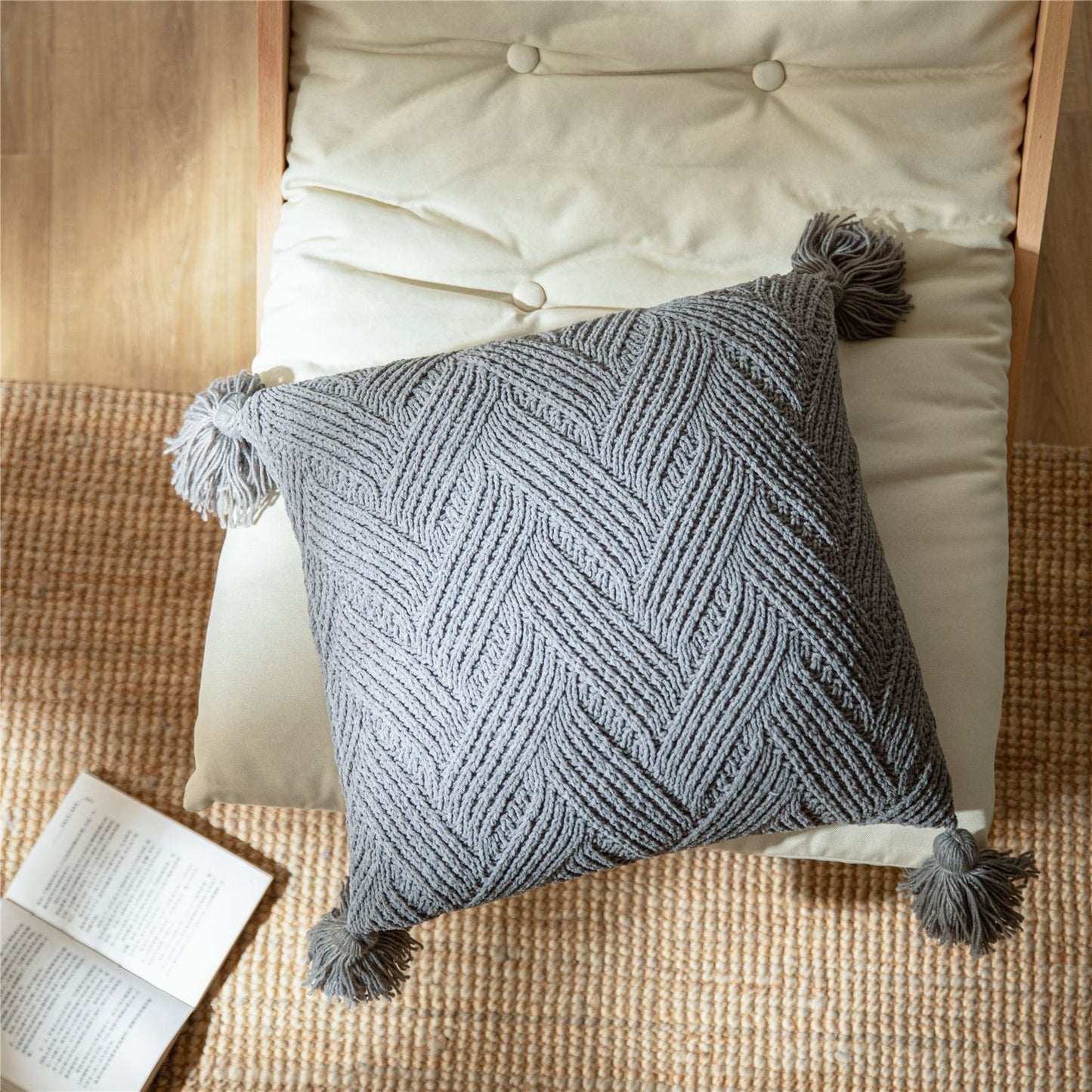 Tufted Chevron & Corner Tassel Cushion Cover | Boho Nordic Style, cushions & inserts, detail view, embracing wabi-sabi