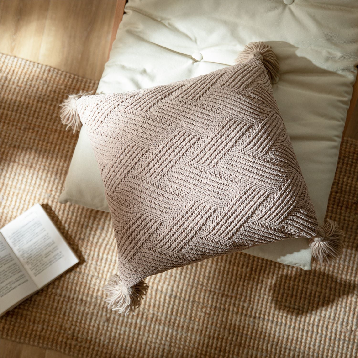 Tufted Chevron & Corner Tassel Cushion Cover | Boho Nordic Style, cushions & inserts, front view, with calming Nordic