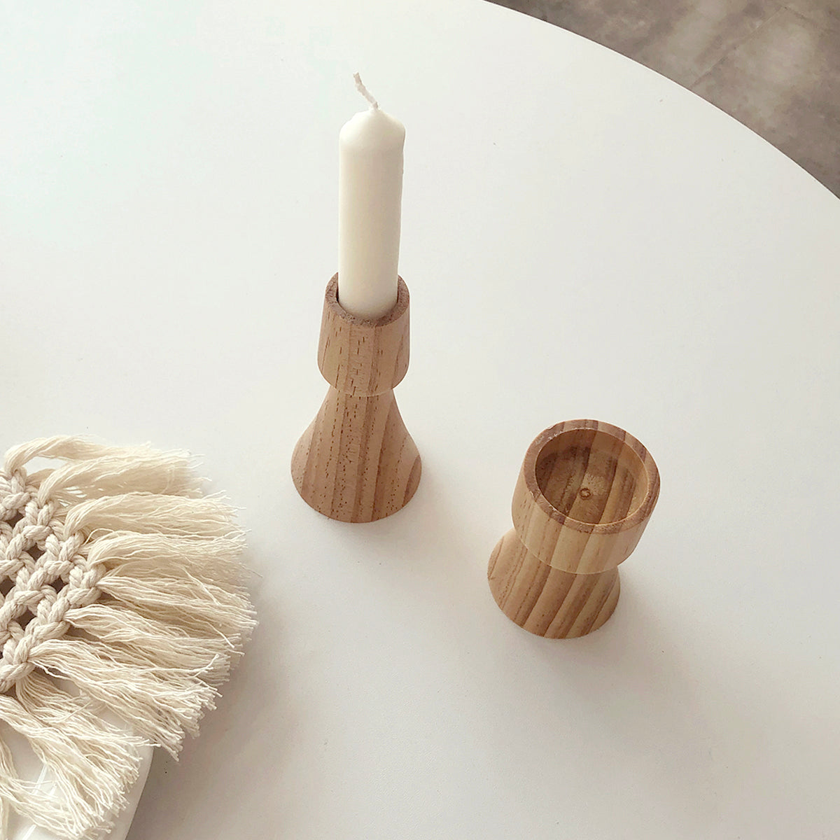 Turned Wood Candle Holder | Japandi Taper & Pillar Holder, candle holders, front view, with calming Nordic simplicity