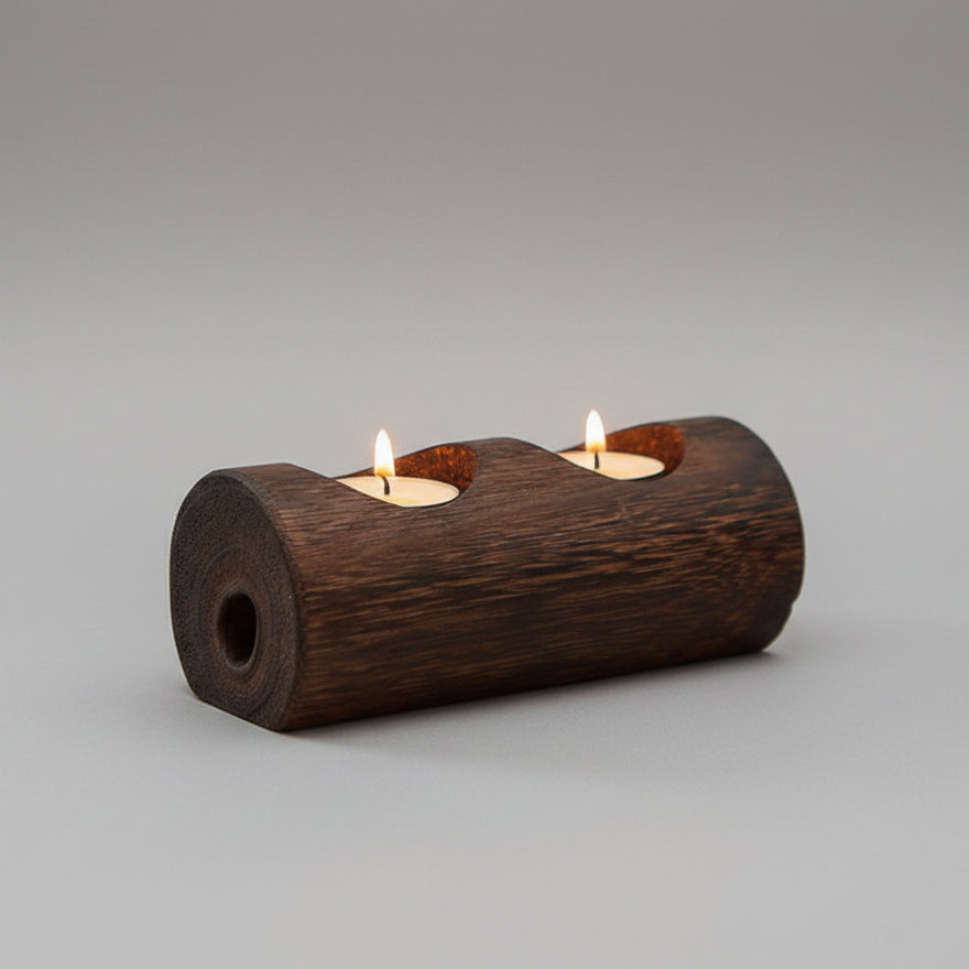 Carved Wood Log Tea Light Holder | Japandi Solid Wood Candle Holder, candle holders, front view, with calming Nordic