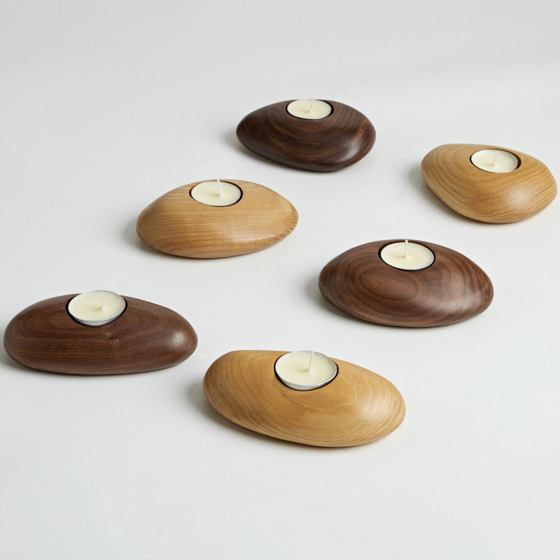 Pebble Wood Tea Light Holder | Japandi Hand-Carved Solid Wood Candle Holder, candle holders, front view, with calming Nordic