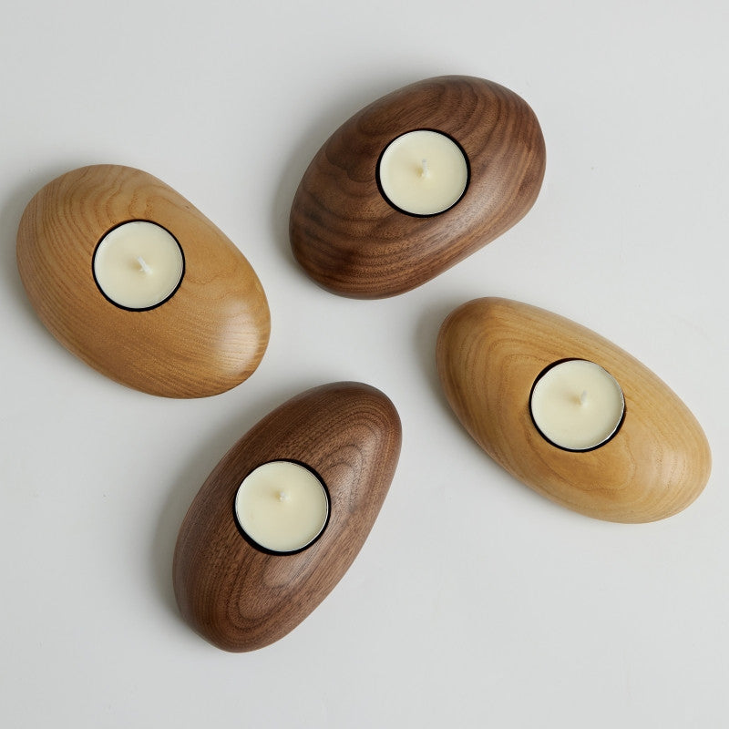 Pebble Wood Tea Light Holder | Japandi Hand-Carved Solid Wood Candle Holder, candle holders, detail view, embracing